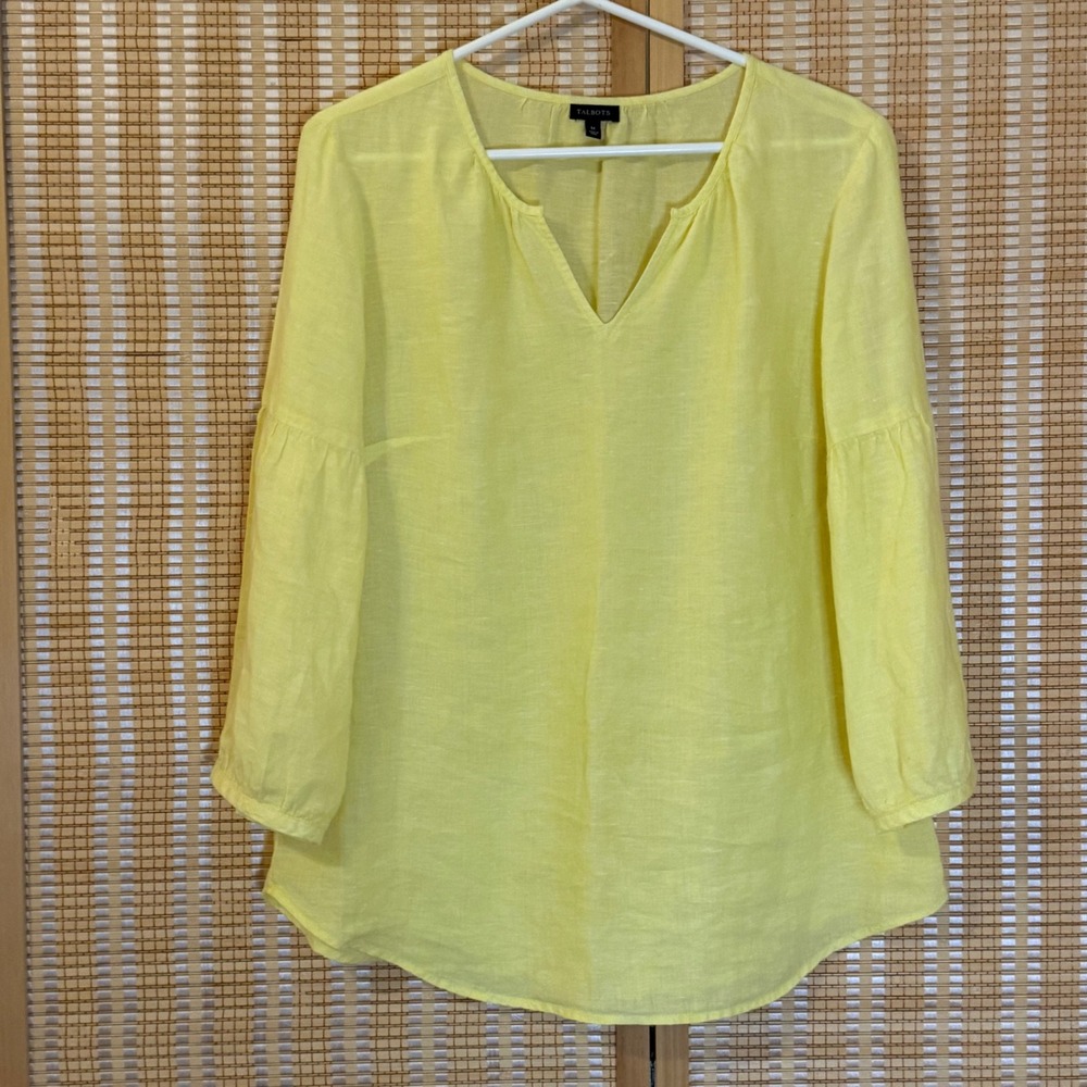 Talbots Yellow 100% Linen Split Neck Bell Sleeve Blouse Top Medium M Minimalist